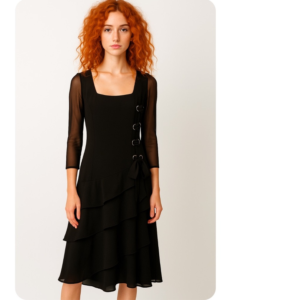 Dominic Rompollo Vintage 90s Ruffles Skirt Sheer Sleeves Midi Party Dress 6